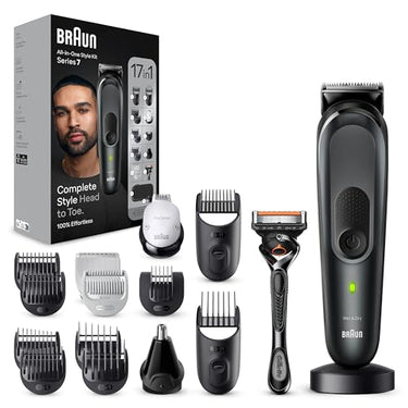 Braun Series 7 All-In-One Bartpflege Bodygroomer Set, 17-in-1 Barttrimmer, Trimmer/Haarschneider Herren, Haarschneidemaschine, wasserdicht, 100 Min. kabellose Laufzeit, Geschenk Mann, MGK7491 im Sale